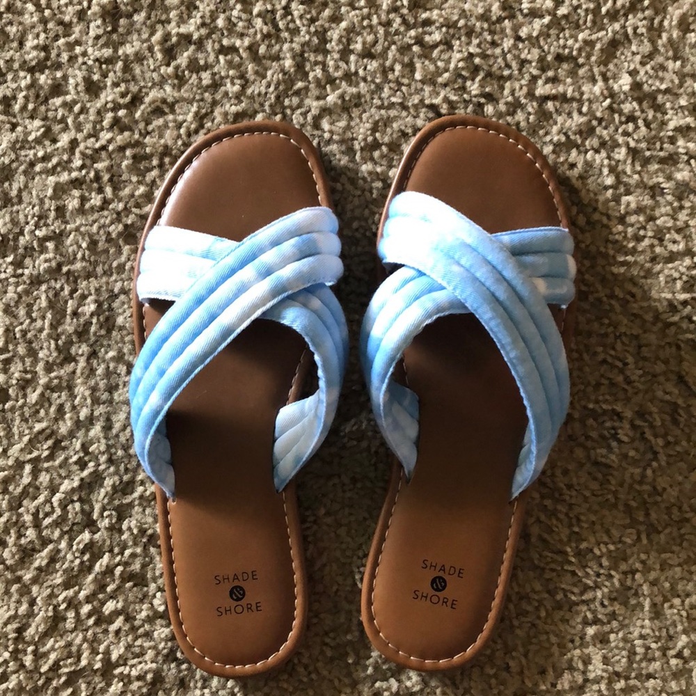 Shade & Shore Perla Crossband Blue White Tie Dye slide sandals 9